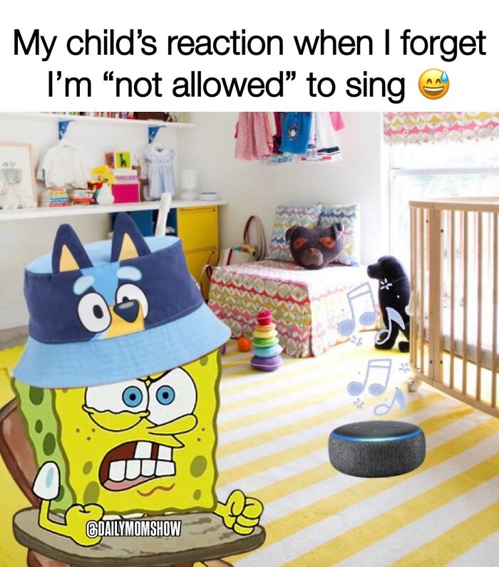 SpongeBob wearing a cartoon hat in a colorful nursery, reacting to singing near a smart speaker, funny parenting memes.