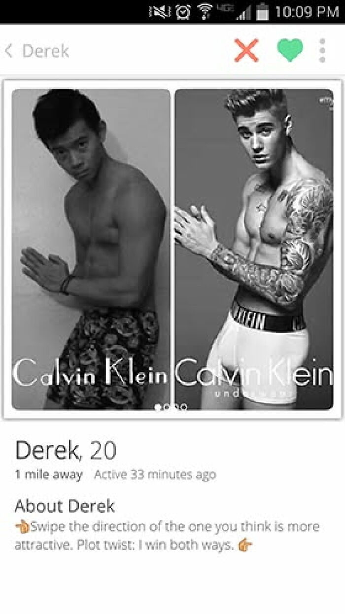 Tinder profile comparison showing a young man posing humorously next to a Calvin Klein underwear model.