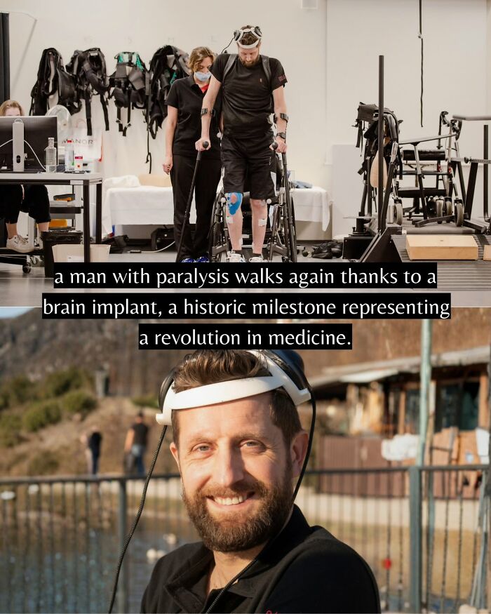 Man with paralysis walking again with help of a brain implant, showcasing good news from around the world in medical innovation.