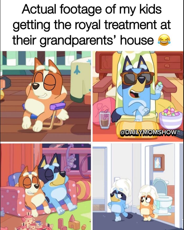 Funny parenting memes showing animated kids enjoying royal treatment at grandparents' house in various relaxing scenes.