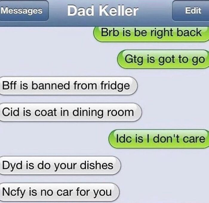 Text conversation with humorous interpretations of common acronyms, showcasing funny texts and real conversations.