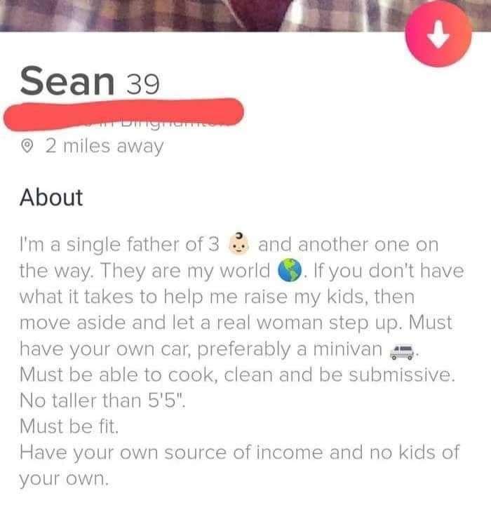 Tinder profile of a single father listing strict dating requirements, showcasing funny and cringe-worthy dating life moments.