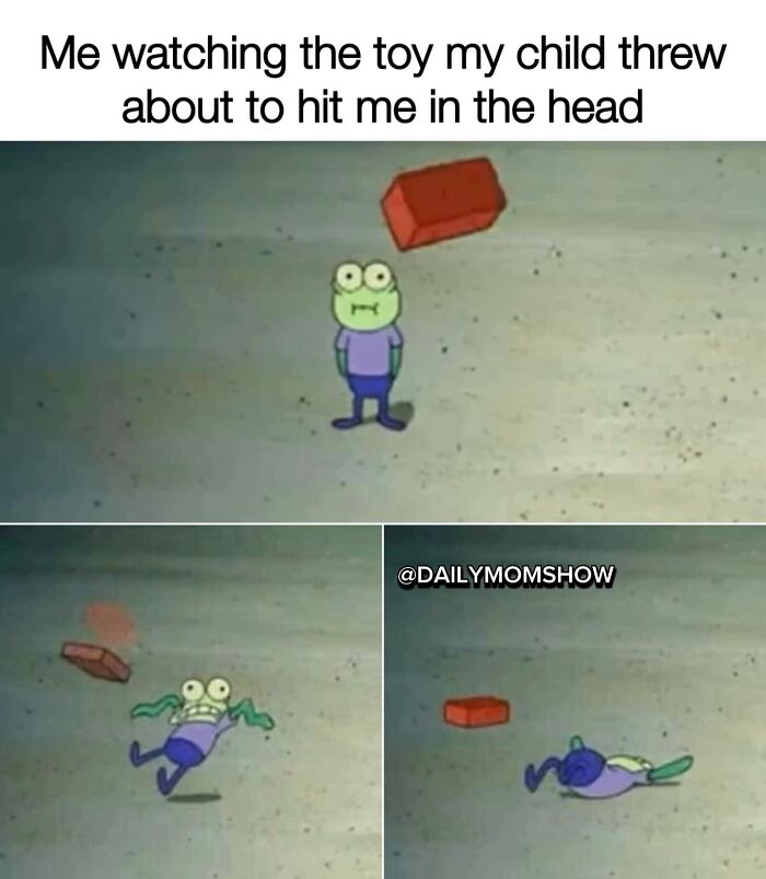 Cartoon character humorously dodging a toy brick about to hit, illustrating funny parenting memes daily mom show.