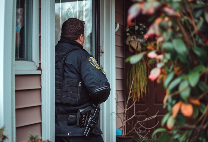 Police officer in tactical gear standing at a house door, depicting one of the scariest experiences people can't believe.