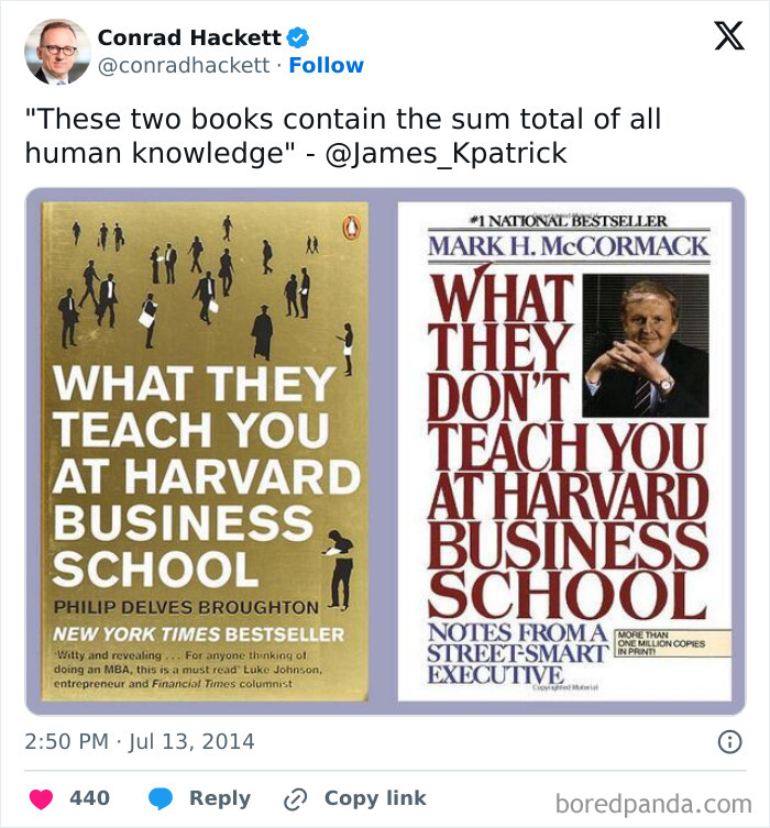Tweet showing two contrasting Harvard Business School books, illustrating a meme about knowledge and existential crisis memes.