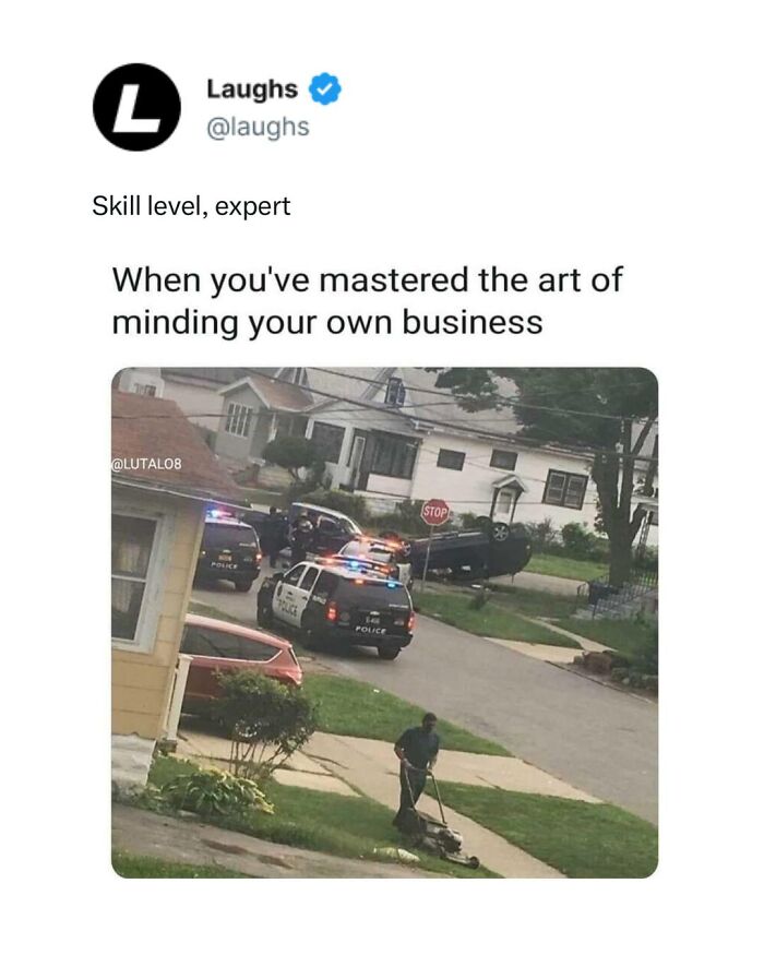 Man mowing lawn calmly near flipped car and police cars, showcasing funny memes about taking a break from responsibility.