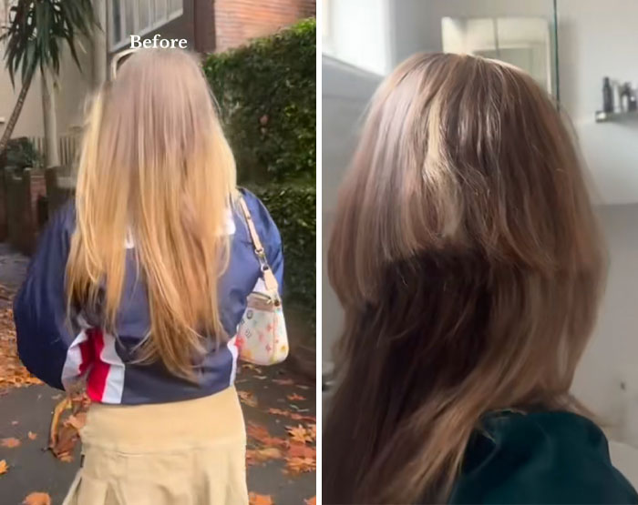 Side-by-side comparison of long blonde hair before and after a traumatizing hairdresser haircut and color treatment mistake.