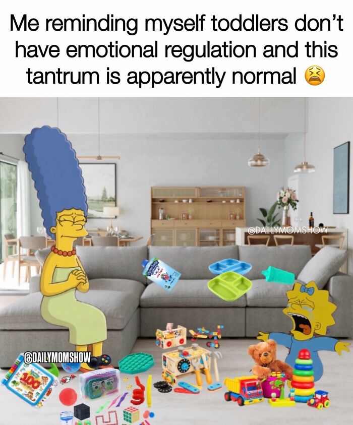 Marge Simpson staying calm beside a crying Maggie with scattered toddler toys in a living room, funny parenting memes.