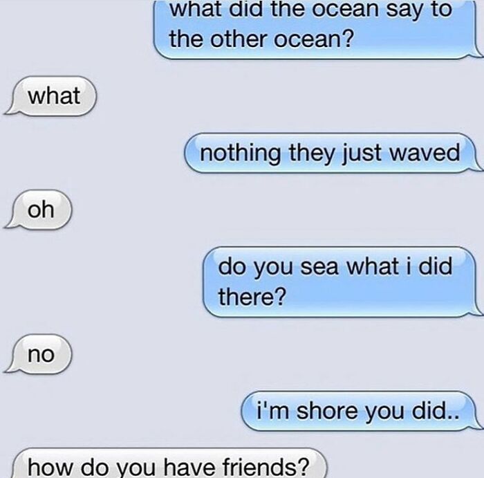 Funny text conversation with ocean puns showing witty and humorous real conversations between friends in a text message format.