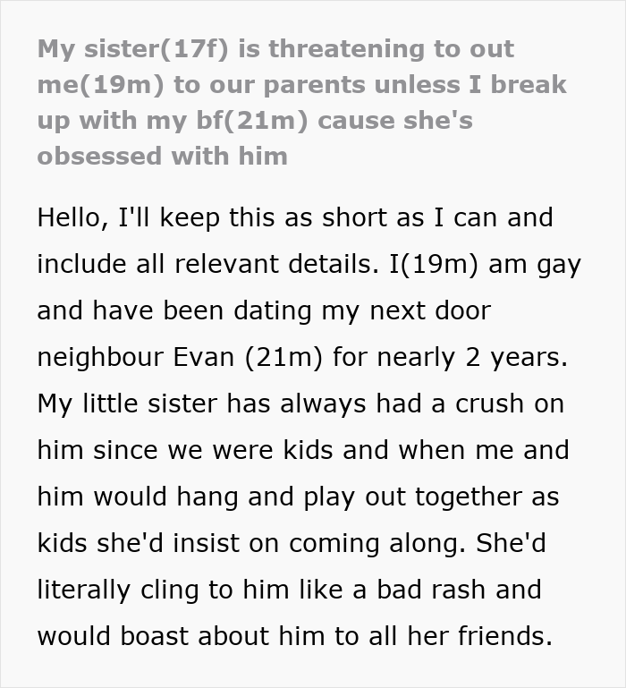 Text of a message describing a sister threatening to out her brother and demand he dump his secret boyfriend so she can date him instead.