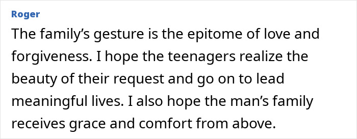 Comment text showing a user reflecting on a family’s loving and forgiving response after a prank on teacher goes tragically wrong.