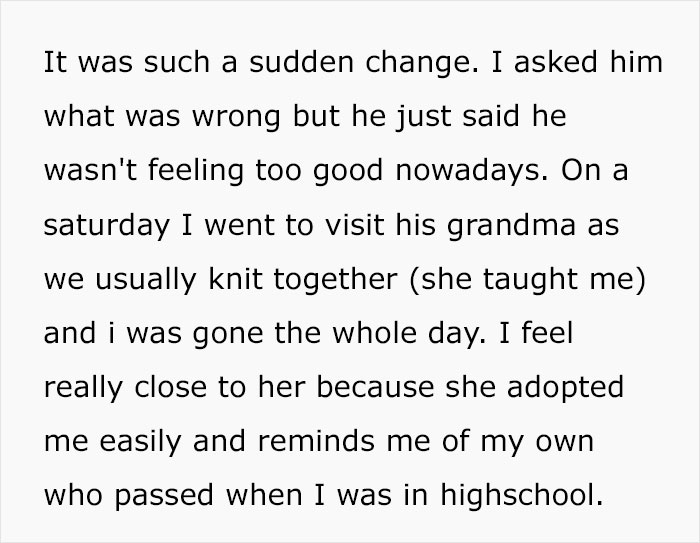 Text excerpt showing a personal story about emotional change and feelings, related to regret and lost love.