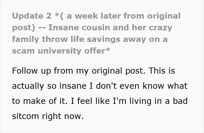 Text excerpt about a jobless 36-year-old dragging parents into competition with her PhD cousin losing life savings.