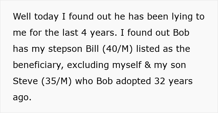 Text excerpt revealing husband lying about inheritance, planning to leave wife who cares for him with nothing.