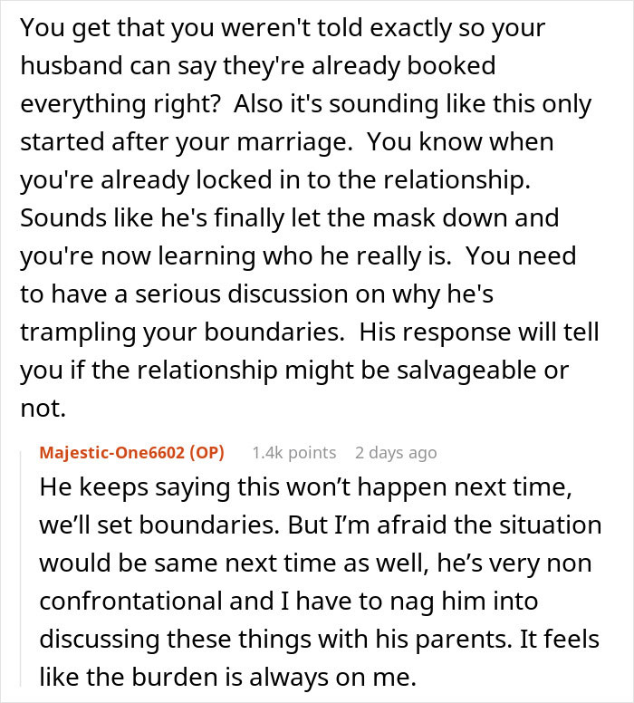Text discussion about wife feeling hurt and disrespected after husband approves family&rsquo;s extended stay without her consent.