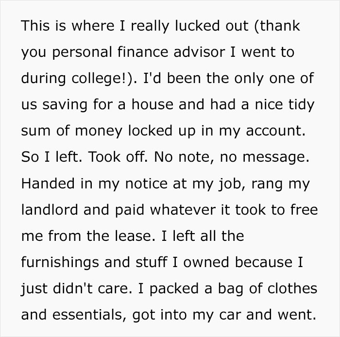 Text excerpt describing a woman cutting off parents after catching mom with her fiancé, facing hardship now.