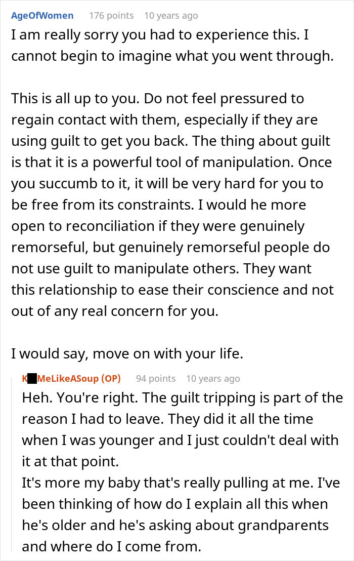Text comment exchange about woman cutting off parents after catching mom with fiancé and dealing with guilt and family manipulation issues.