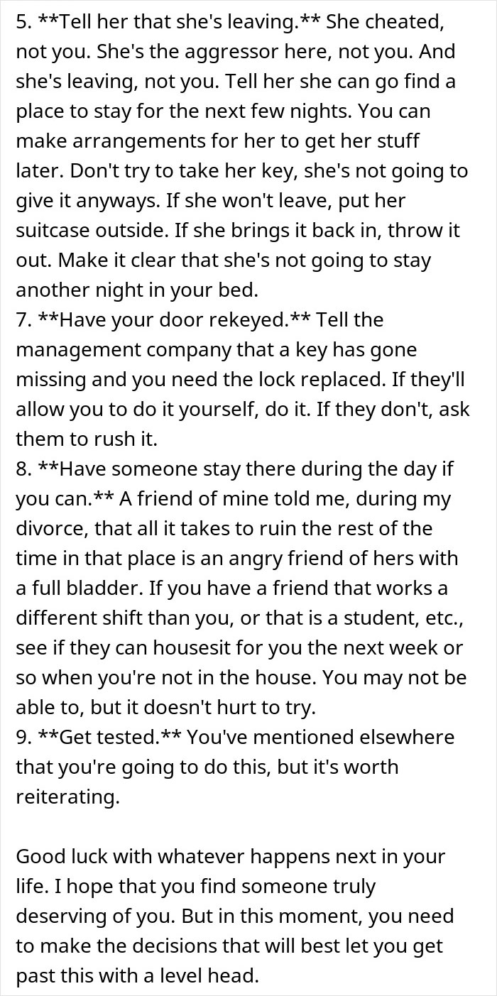 Text advice on dealing with cheating woman, husband telling her parents, and handling the aftermath with steps to move on.