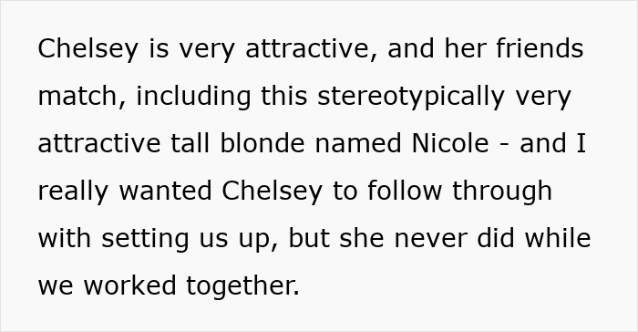 Text excerpt describing Chelsey and her attractive friends, highlighting a friend named Nicole and a missed chance to set up a single coworker.