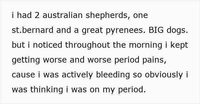 Text excerpt describing worsening period pains despite active bleeding, relating to pregnancy and labor signs.