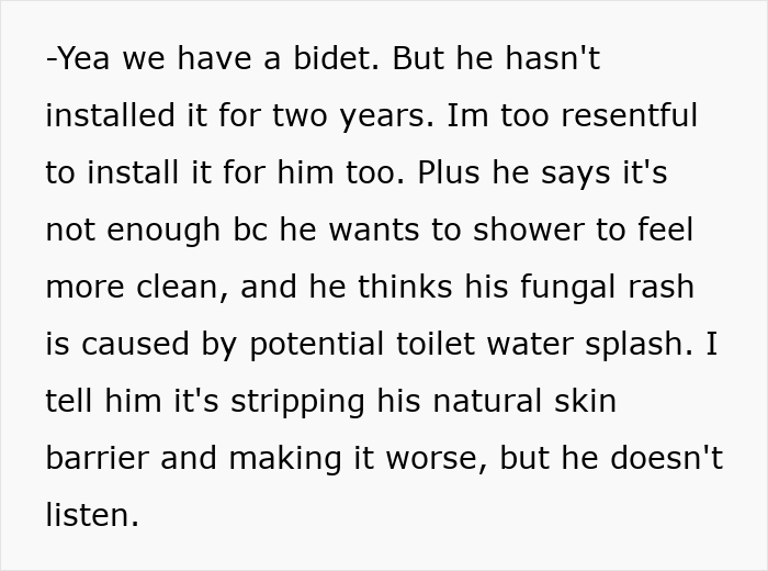 Text conversation discussing a man using bathroom habits as excuses to avoid parenting duties, causing wife&rsquo;s frustration.