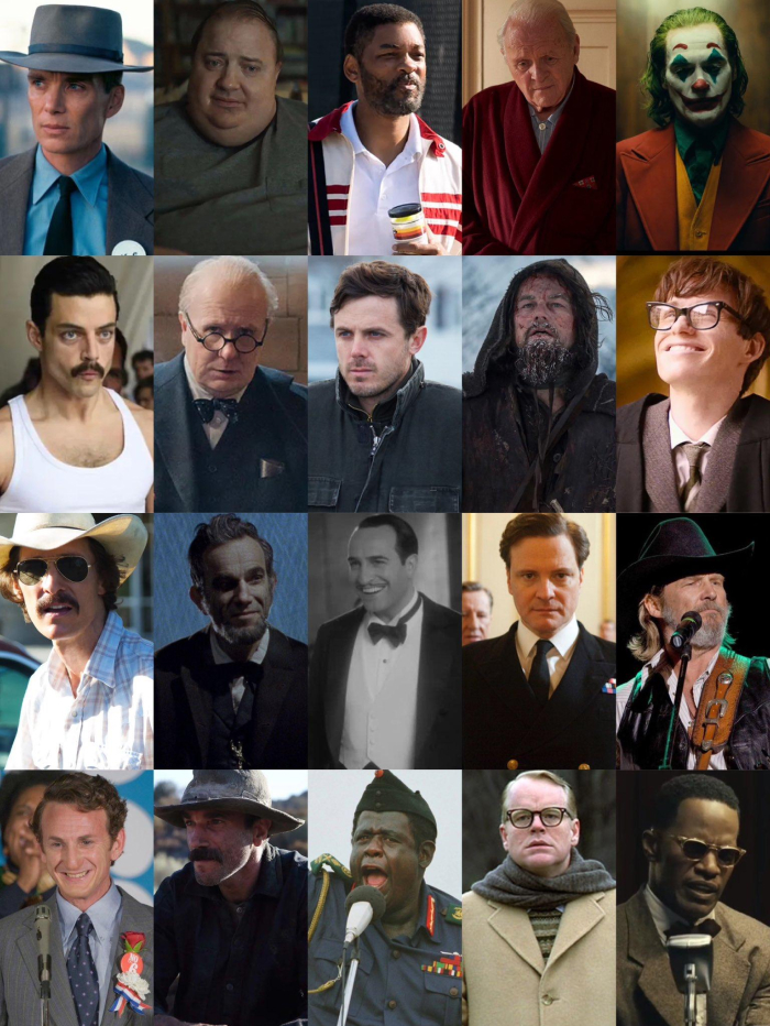 Collage of Oscar-winning actors portraying iconic roles highlighting the elite club of Oscar winners and achievement.