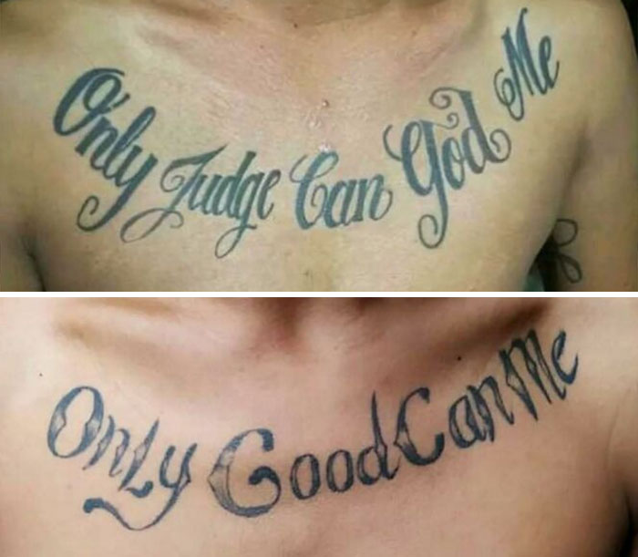 Chest tattoos with ink fails showing misspelled phrases and poor lettering, examples of bad tattoo ideas regrets.