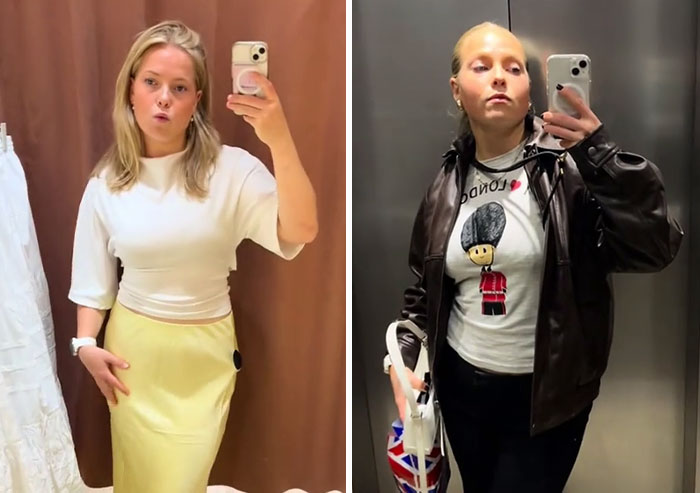 Woman showing before and after photos illustrating the America effect on personal style and confidence in the US.