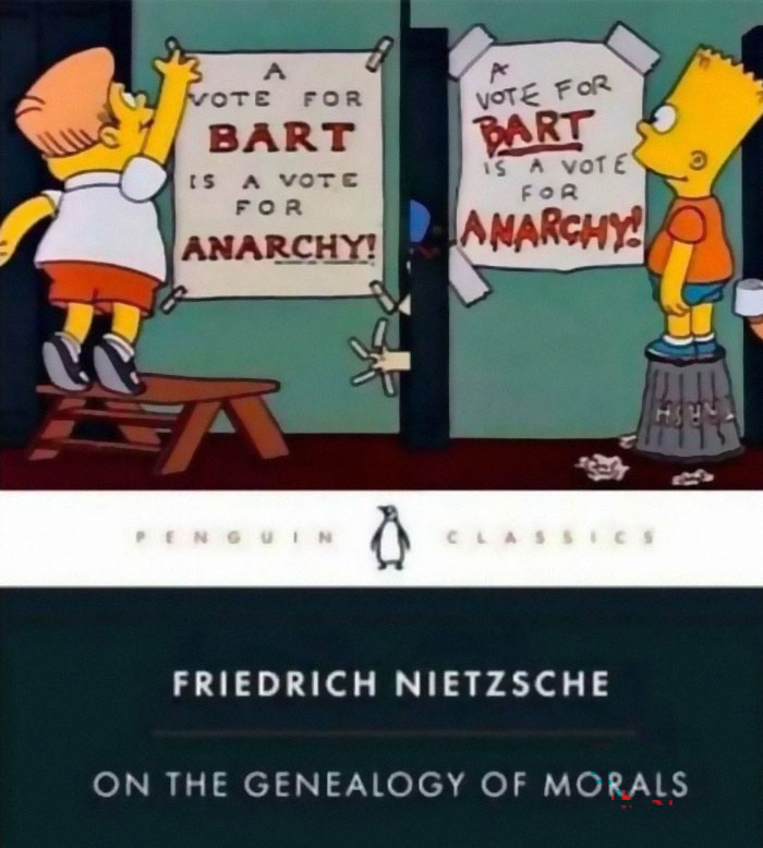Simpsons meme showing Bart posting anarchy posters, combined with a Penguin Classics book cover on existential crisis memes.