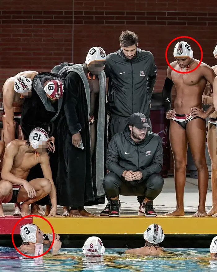 Water polo team members and coaches during a tense moment, highlighting bombshell claims of underwater incident with teammate.