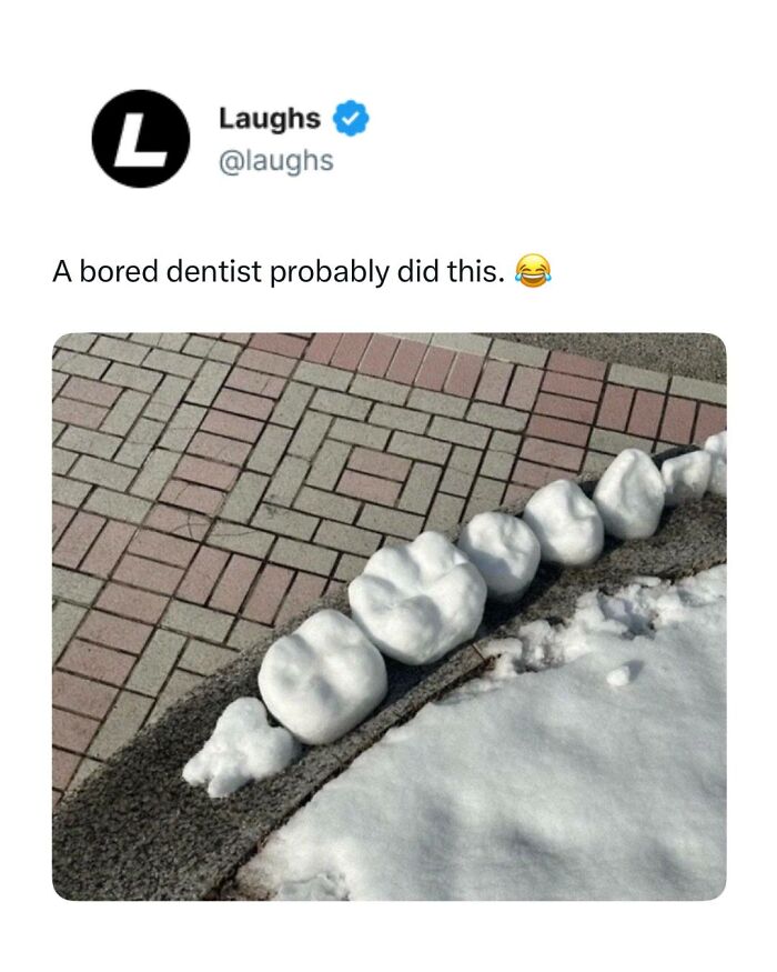 Snow sculpted to look like large teeth on the edge of a sidewalk for 65 funny memes about taking a break from being responsible.