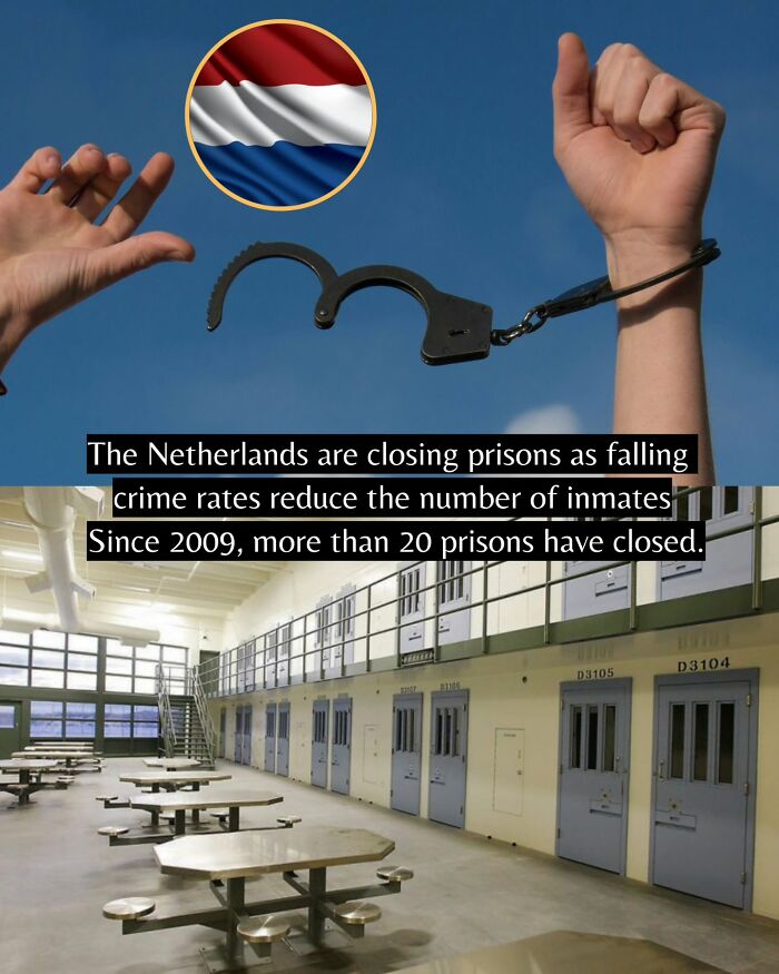 Hands breaking free from handcuffs with Dutch flag and empty prison hall, symbolizing good news from around the world.
