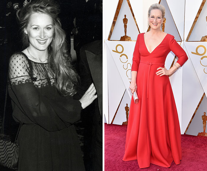 Side-by-side images of an actor showing differences at their first Oscars and latest appearance on the red carpet.