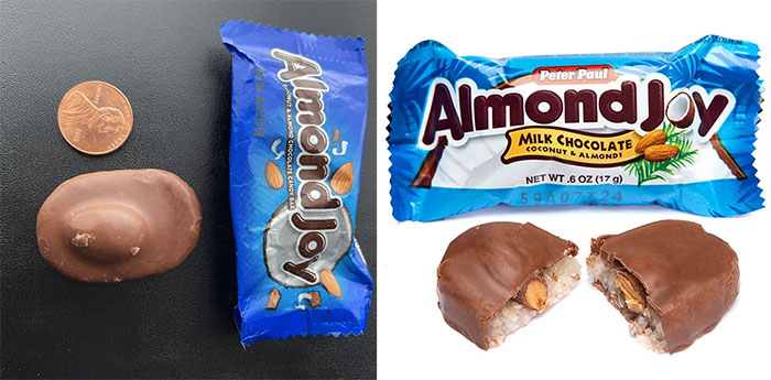 Almond Joy shrinkflation comparison showing smaller chocolate bars next to original packaging and a penny for scale