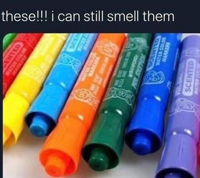 Row of colorful scented crayons from the 90s, evoking nostalgia and memories of childhood from that era.