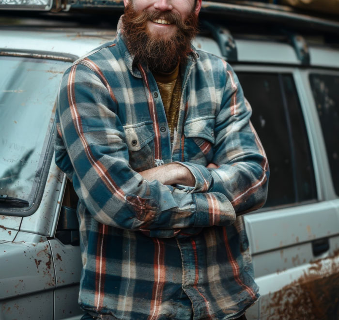 Bearded man in plaid shirt leaning on a muddy off-road vehicle, evoking trust in instincts and mysterious woods encounters.