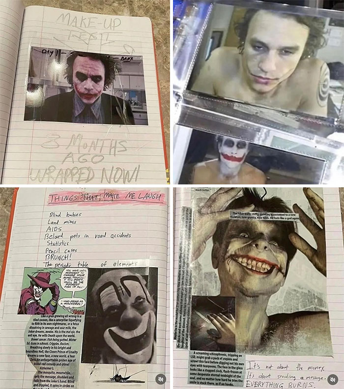 Collage showing bizarre Joker makeup progress, sketches, and disturbing images capturing interesting vault oddities.