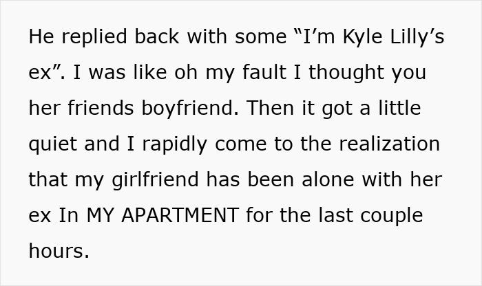 Text excerpt about boyfriend letting girlfriend use his apartment to meet her old friend who turns out to be her ex.