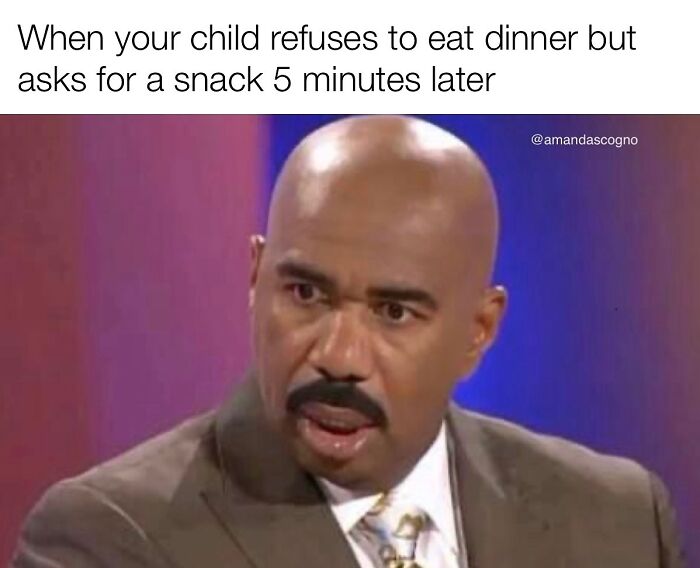 Man with a surprised expression reacting to a child refusing dinner but asking for a snack in funny parenting memes.