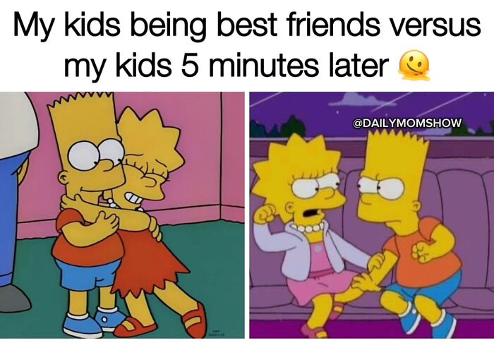Two cartoon kids hugging happily versus them arguing angrily moments later, funny parenting memes daily mom show.