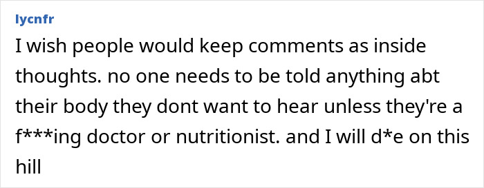 Comment expressing frustration about unsolicited body-shaming opinions, related to Model Bryana Holly's appearance at Oscars party.