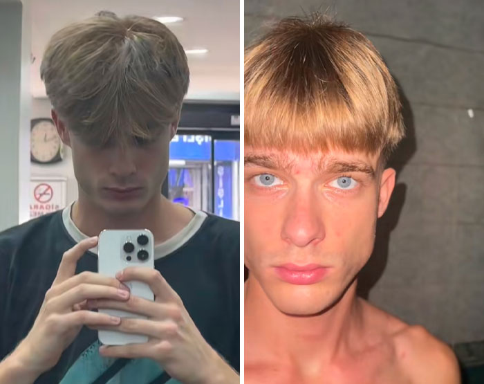 Before and after photos of a man showing a haircut mistake that traumatized him due to a bad hairdresser experience.