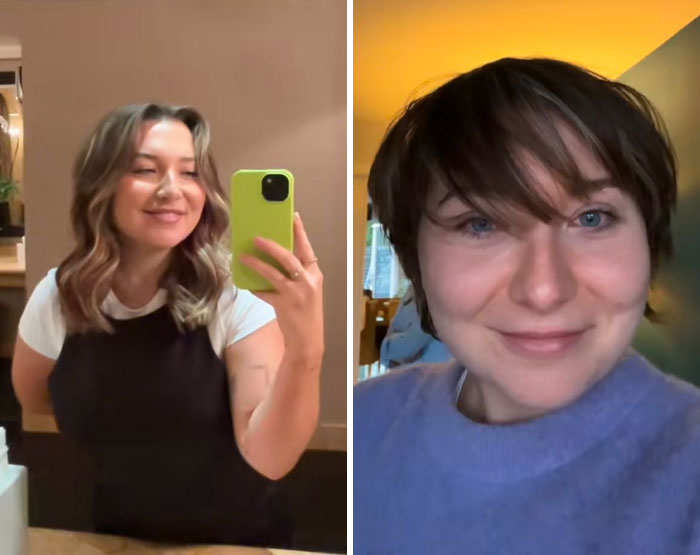 Two women showing different hairstyles, illustrating hairdresser results that surprised and traumatized clients.