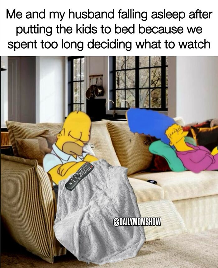 Couple resembling cartoon characters asleep on couch after bedtime, illustrating funny parenting memes from Dailymomshow.