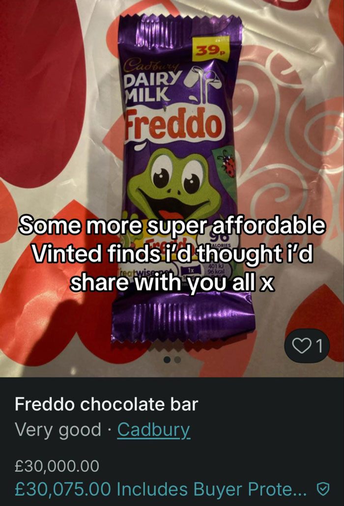 Freddo chocolate bar listed for sale on Vinted with an exaggerated price, showcasing hilarious Vinted listings.