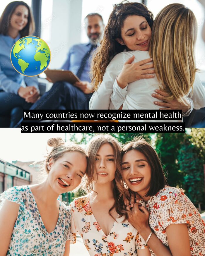 Women hugging in a therapy session and three friends smiling outdoors, symbolizing good news from around the world about mental health.