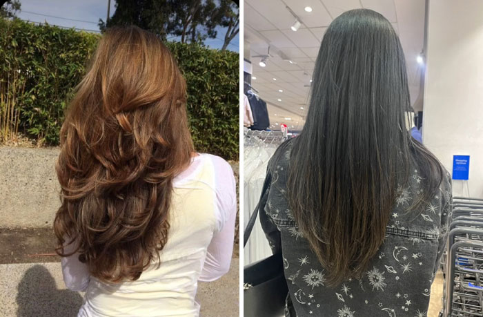 Side-by-side comparison of two women showing hairdresser results with different hair length and styles indoors and outdoors.