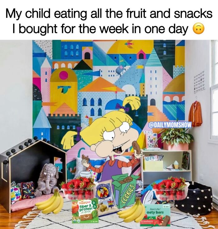Child eating all snacks and fruit in a colorful playroom, illustrating funny parenting memes dailymomshow humor.