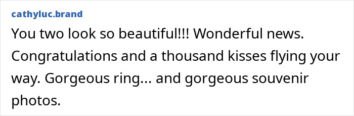 Comment praising the most beautiful girl in the world engaged to French DJ, highlighting the gorgeous ring and souvenir photos.