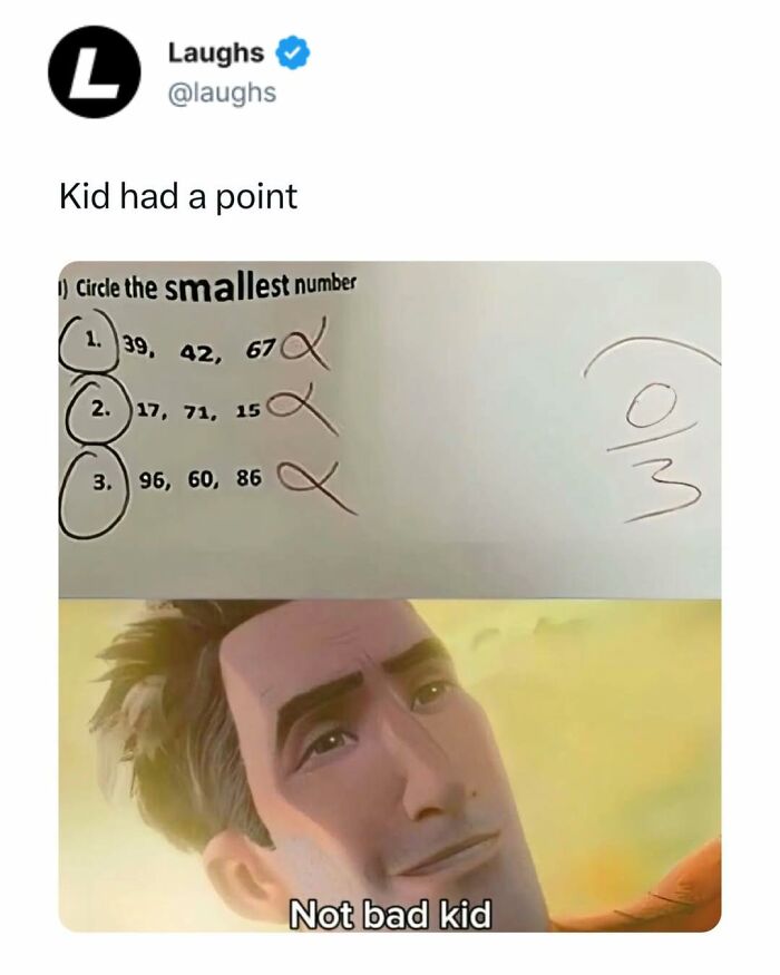 Funny meme showing a child's clever math answer with praise, perfect for a break from being a responsible adult.
